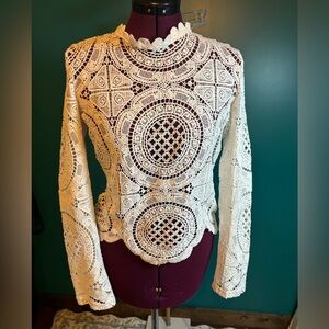 Bashe White Cream Embellished Blouse with Mandarin Collar